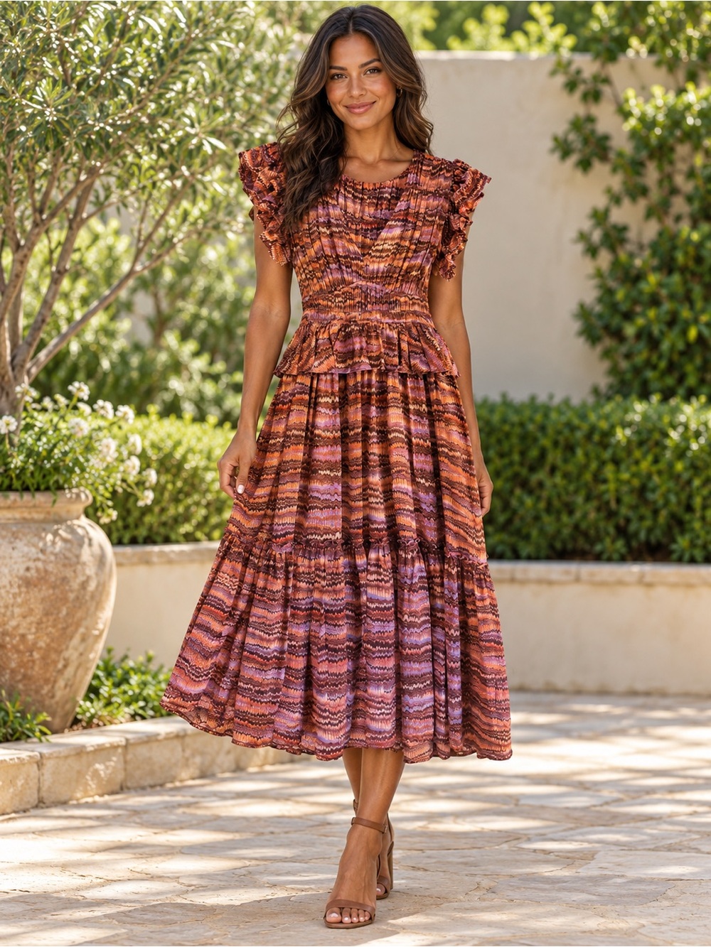 Ulla Johnson Bendetta Silk Midi Dress Size 2 Brown Copper Purple Ruffle Tiered